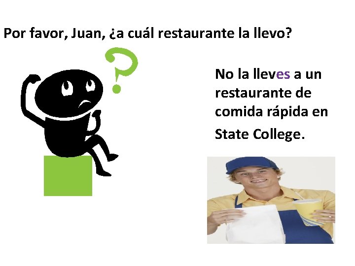 Por favor, Juan, ¿a cuál restaurante la llevo? No la lleves a un restaurante
