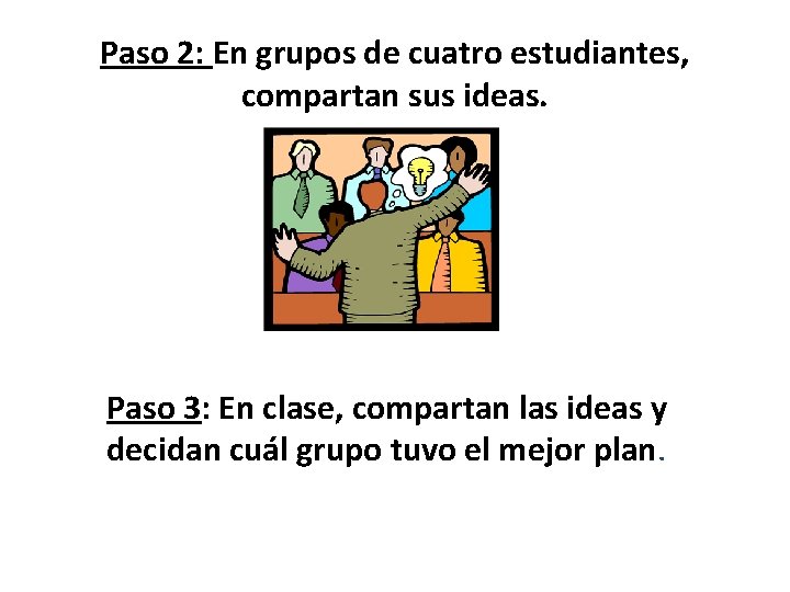 Paso 2: En grupos de cuatro estudiantes, compartan sus ideas. Paso 3: En clase,