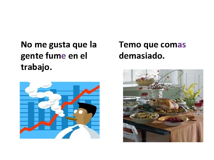 No me gusta que la gente fume en el trabajo. Temo que comas demasiado.