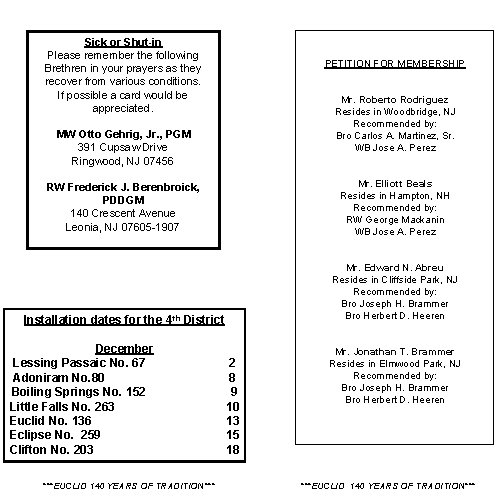 Sick or Shut-in Please remember the following Brethren in your prayers as they recover