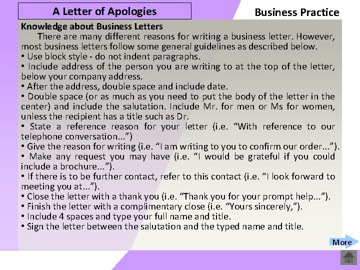 A Letter of Apologies Business Practice Knowledge about Business Letters There are many different