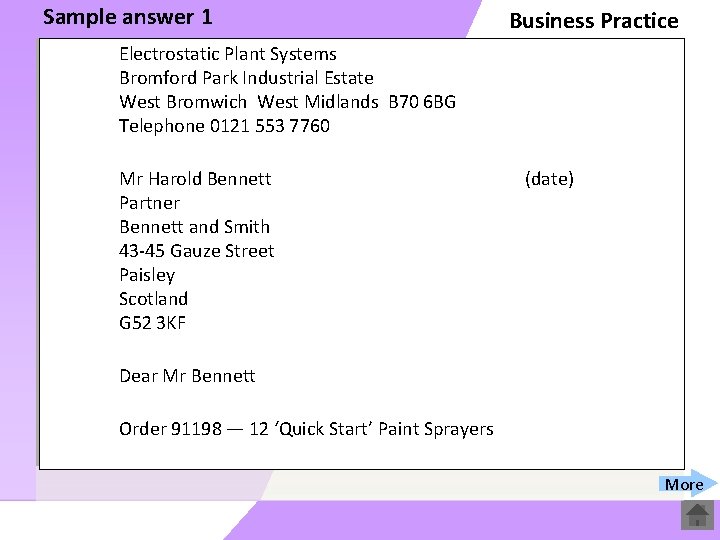 Sample answer 1 Business Practice Electrostatic Plant Systems Bromford Park Industrial Estate West Bromwich