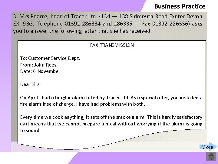 Business Practice 3. Mrs Pearce, head of Tracer Ltd. (134 — 138 Sidmouth Road