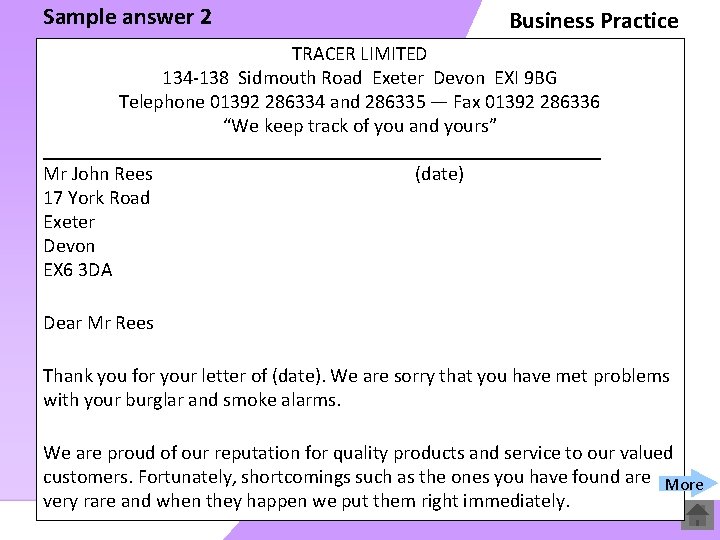 Sample answer 2 Business Practice TRACER LIMITED 134 -138 Sidmouth Road Exeter Devon EXI