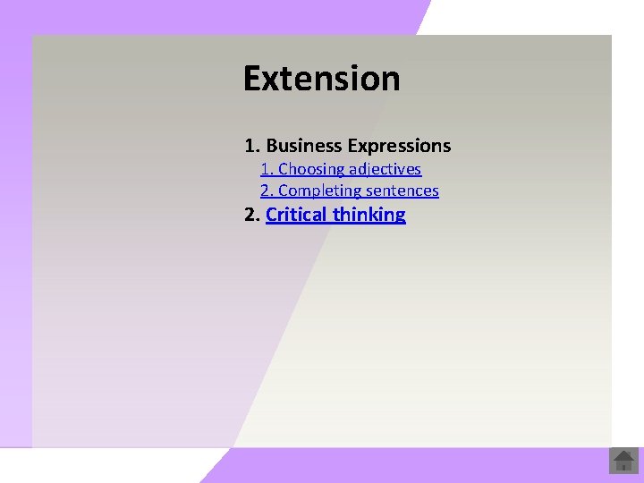 Extension 1. Business Expressions 1. Choosing adjectives 2. Completing sentences 2. Critical thinking 