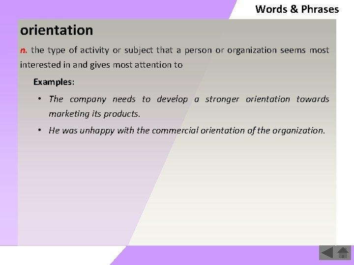 Words & Phrases orientation n. the type of activity or subject that a person