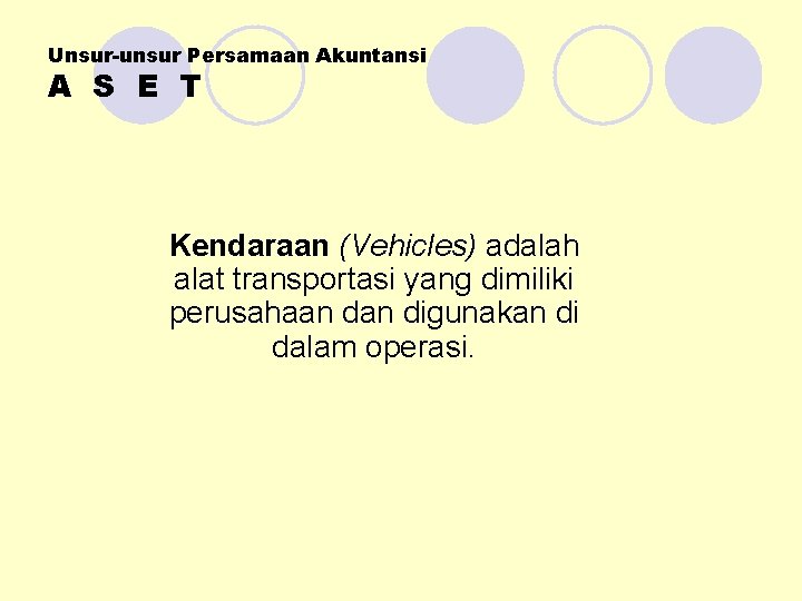 Unsur-unsur Persamaan Akuntansi A S E T Kendaraan (Vehicles) adalah alat transportasi yang dimiliki