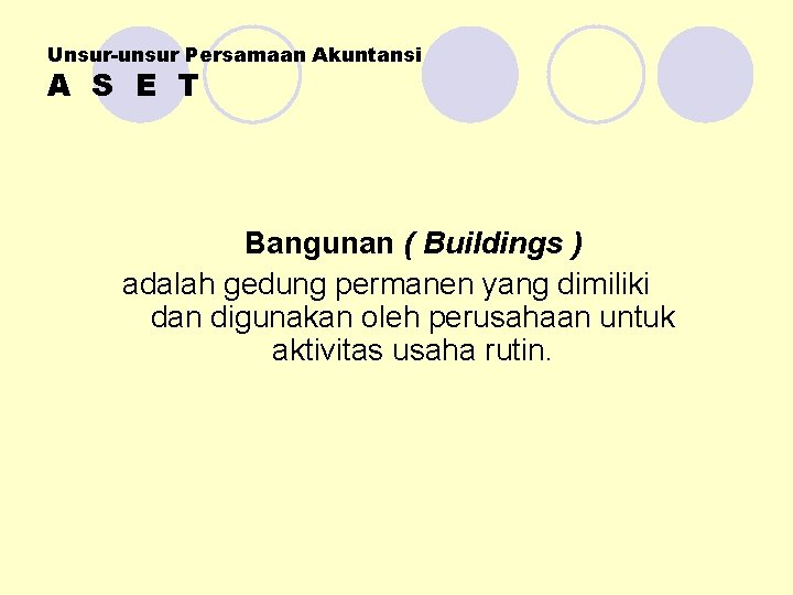 Unsur-unsur Persamaan Akuntansi A S E T Bangunan ( Buildings ) adalah gedung permanen
