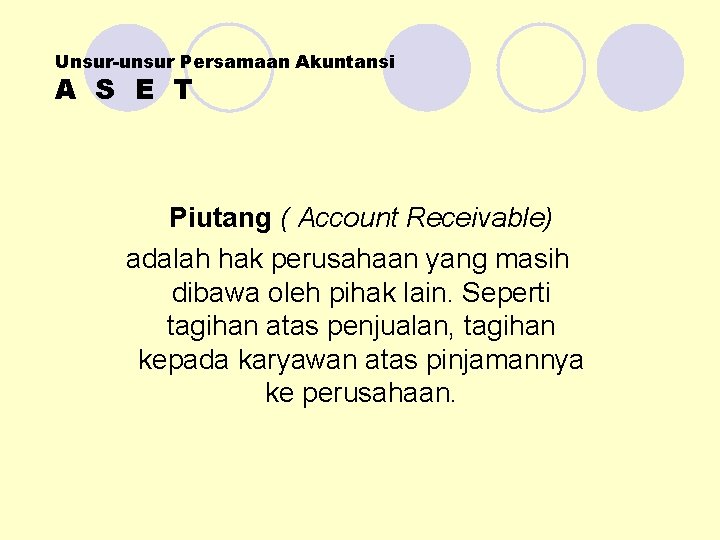 Unsur-unsur Persamaan Akuntansi A S E T Piutang ( Account Receivable) adalah hak perusahaan