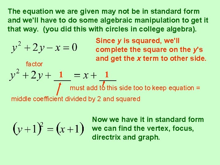 The equation we are given may not be in standard form and we'll have