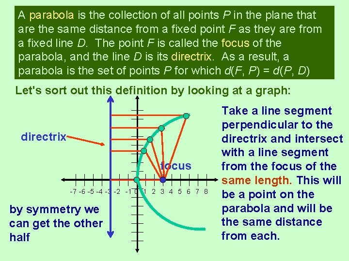 A parabola is the collection of all points P in the plane that are