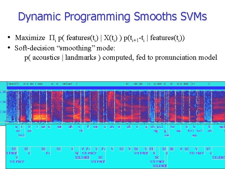 Dynamic Programming Smooths SVMs • Maximize Pi p( features(ti) | X(ti) ) p(ti+1 -ti