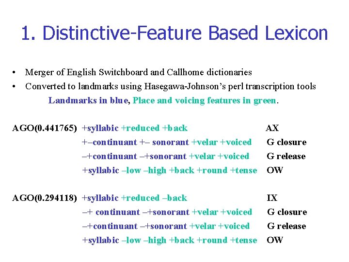 1. Distinctive-Feature Based Lexicon • Merger of English Switchboard and Callhome dictionaries • Converted