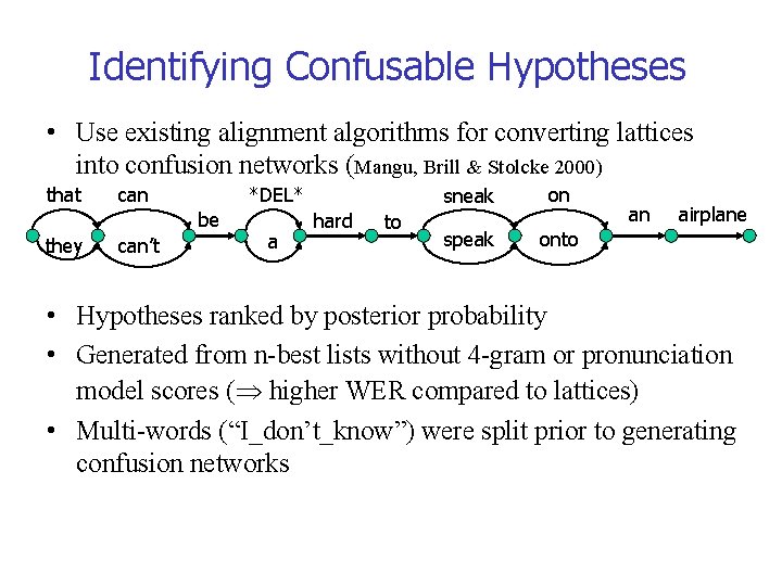 Identifying Confusable Hypotheses • Use existing alignment algorithms for converting lattices into confusion networks