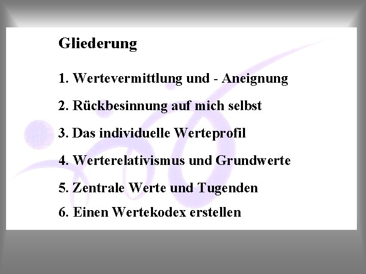 Gliederung 1. Wertevermittlung und - Aneignung 2. Rückbesinnung auf mich selbst 3. Das individuelle