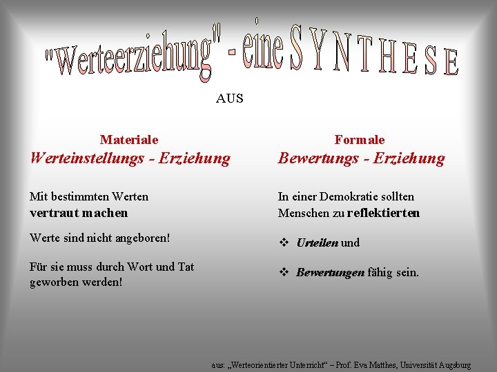 AUS Materiale Formale Werteinstellungs - Erziehung Bewertungs - Erziehung Mit bestimmten Werten vertraut machen