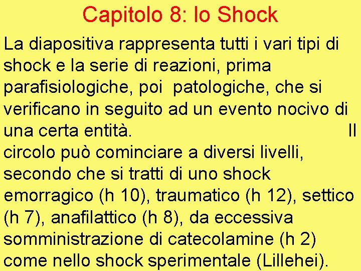 Capitolo 8: lo Shock La diapositiva rappresenta tutti i vari tipi di shock e