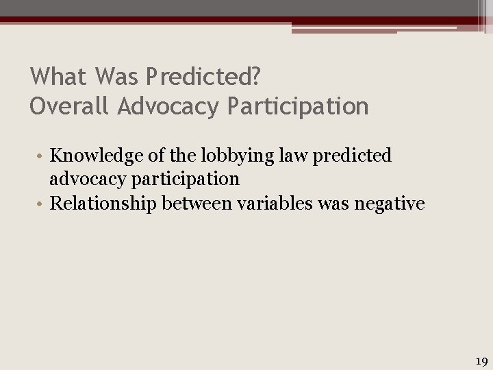 What Was Predicted? Overall Advocacy Participation • Knowledge of the lobbying law predicted advocacy