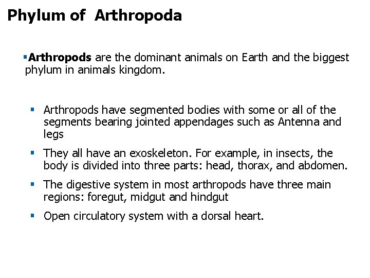 Phylum of Arthropoda §Arthropods are the dominant animals on Earth and the biggest phylum
