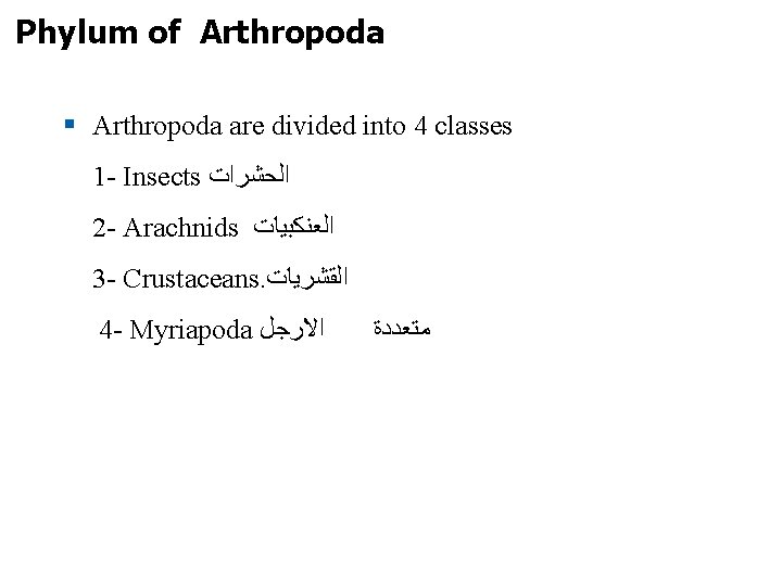 Phylum of Arthropoda § Arthropoda are divided into 4 classes 1 - Insects ﺍﻟﺤﺸﺮﺍﺕ