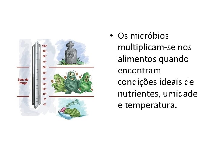  • Os micróbios multiplicam-se nos alimentos quando encontram condições ideais de nutrientes, umidade