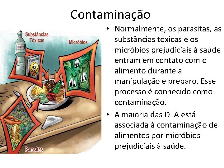 Contaminação • Normalmente, os parasitas, as substâncias tóxicas e os micróbios prejudiciais à saúde