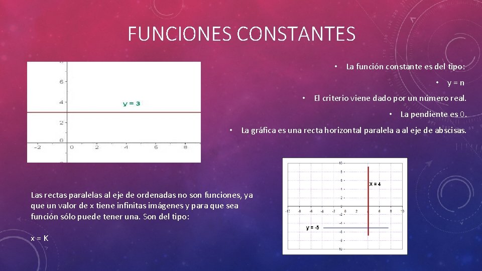 FUNCIONES CONSTANTES • La función constante es del tipo: • y=n • El criterio