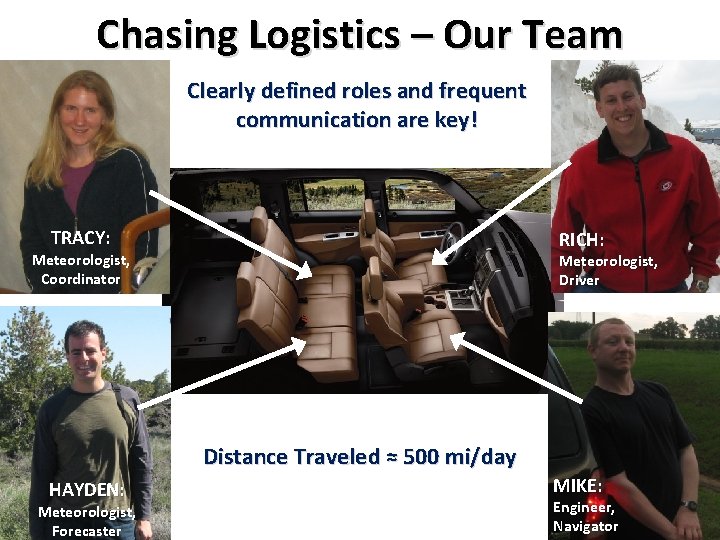 Chasing Logistics – Our Team Clearly defined roles and frequent communication are key! TRACY: