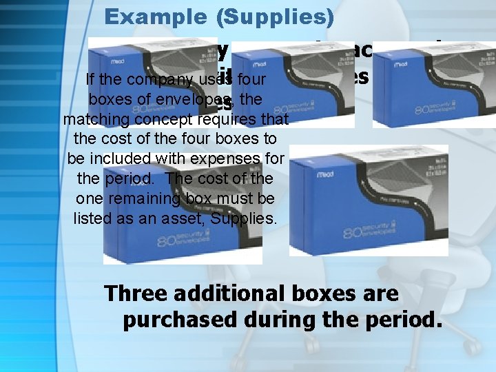 Example (Supplies) A Company starts the accounting with two boxes of If the period