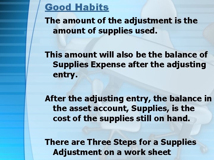 Good Habits The amount of the adjustment is the amount of supplies used. This