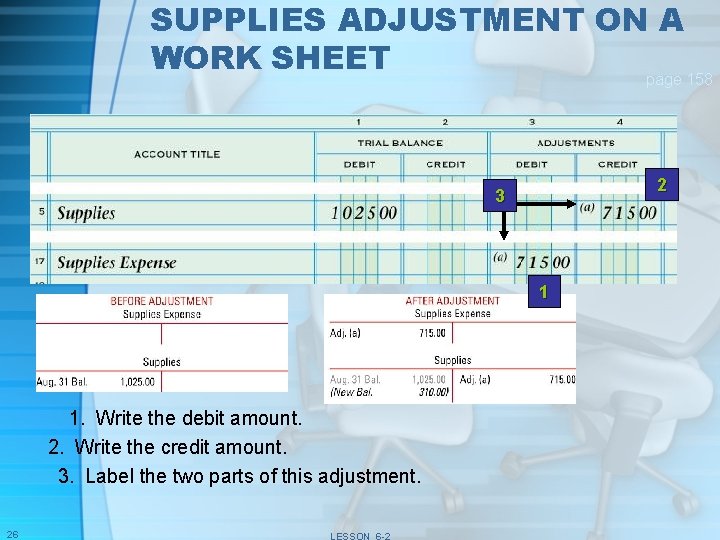 SUPPLIES ADJUSTMENT ON A WORK SHEET page 158 2 3 1 1. Write the