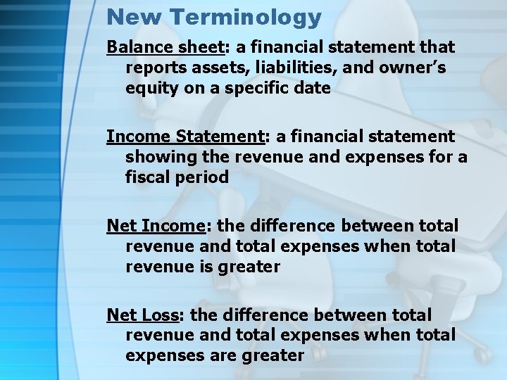 New Terminology Balance sheet: a financial statement that reports assets, liabilities, and owner’s equity