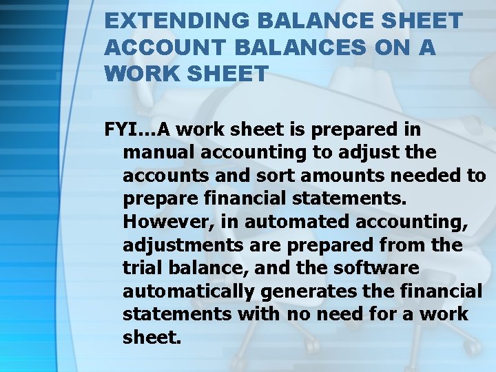 EXTENDING BALANCE SHEET ACCOUNT BALANCES ON A WORK SHEET FYI…A work sheet is prepared