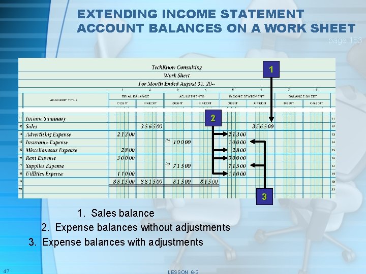 EXTENDING INCOME STATEMENT ACCOUNT BALANCES ON A WORK SHEET page 163 1 2 3