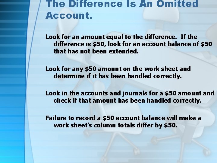 The Difference Is An Omitted Account. Look for an amount equal to the difference.