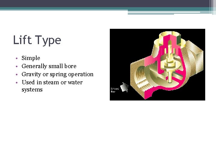 Lift Type • • Simple Generally small bore Gravity or spring operation Used in