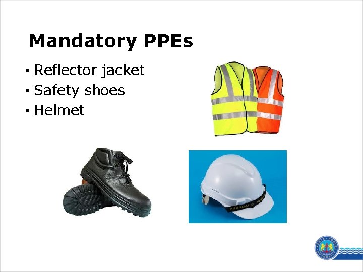 Mandatory PPEs • Reflector jacket • Safety shoes • Helmet 