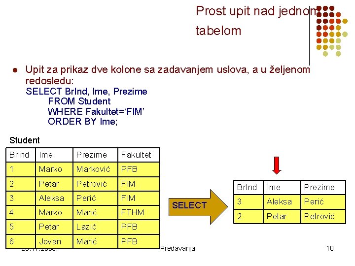 Prost upit nad jednom tabelom l Upit za prikaz dve kolone sa zadavanjem uslova,