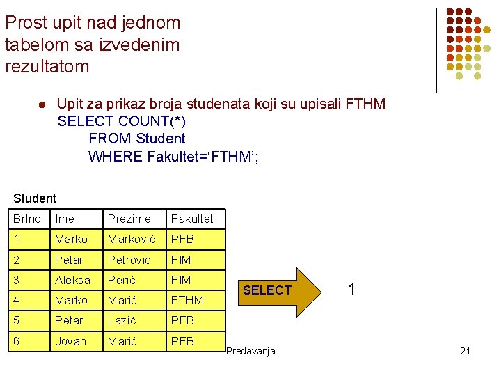 Prost upit nad jednom tabelom sa izvedenim rezultatom Upit za prikaz broja studenata koji