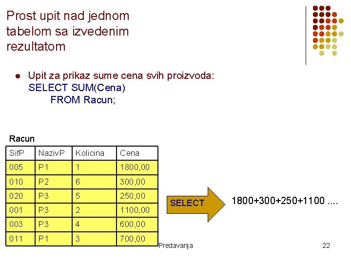 Prost upit nad jednom tabelom sa izvedenim rezultatom l Upit za prikaz sume cena