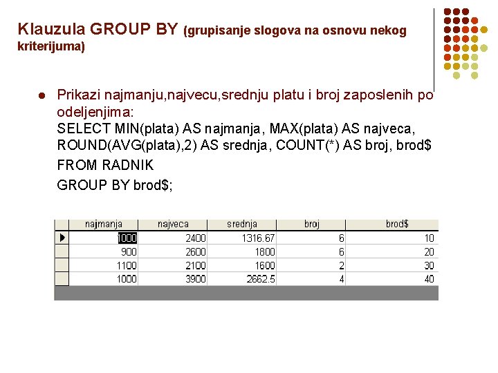 Klauzula GROUP BY (grupisanje slogova na osnovu nekog kriterijuma) l Prikazi najmanju, najvecu, srednju
