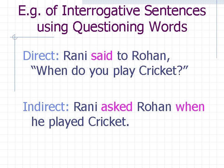 E. g. of Interrogative Sentences using Questioning Words Direct: Rani said to Rohan, “When