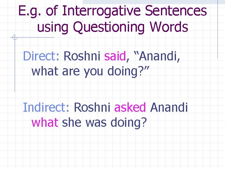 E. g. of Interrogative Sentences using Questioning Words Direct: Roshni said, “Anandi, what are