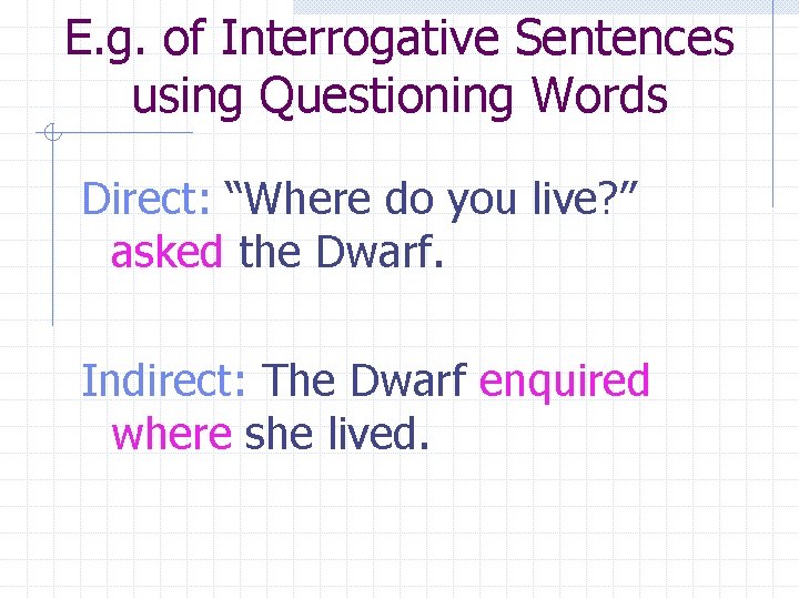 E. g. of Interrogative Sentences using Questioning Words Direct: “Where do you live? ”