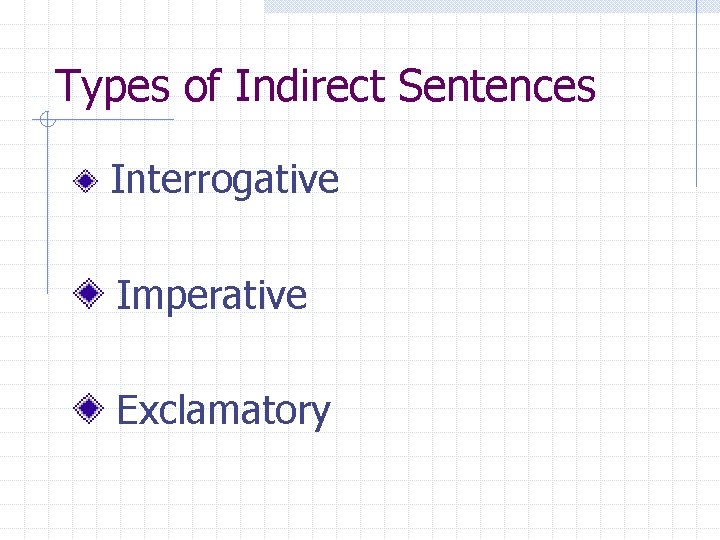 Types of Indirect Sentences Interrogative Imperative Exclamatory 