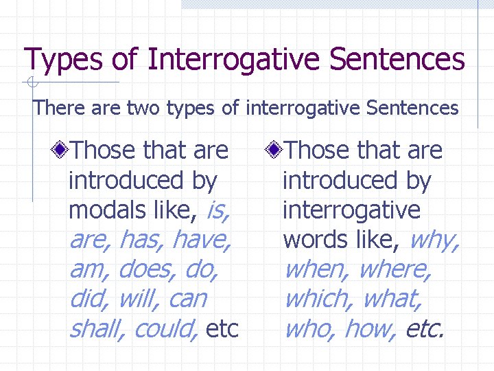 Types of Interrogative Sentences There are two types of interrogative Sentences Those that are