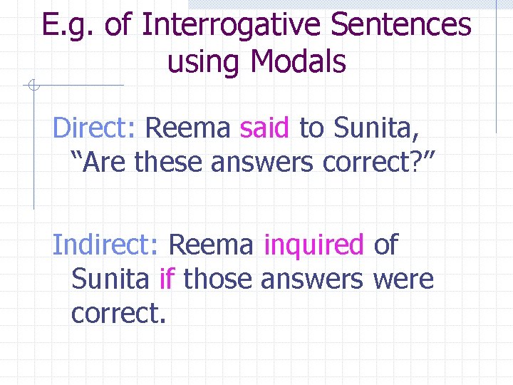 E. g. of Interrogative Sentences using Modals Direct: Reema said to Sunita, “Are these