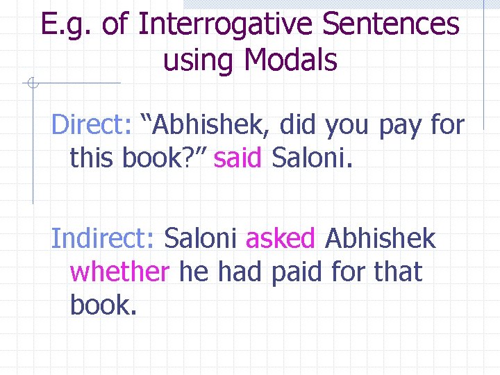E. g. of Interrogative Sentences using Modals Direct: “Abhishek, did you pay for this