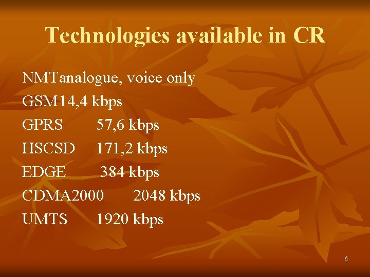 Technologies available in CR NMTanalogue, voice only GSM 14, 4 kbps GPRS 57, 6
