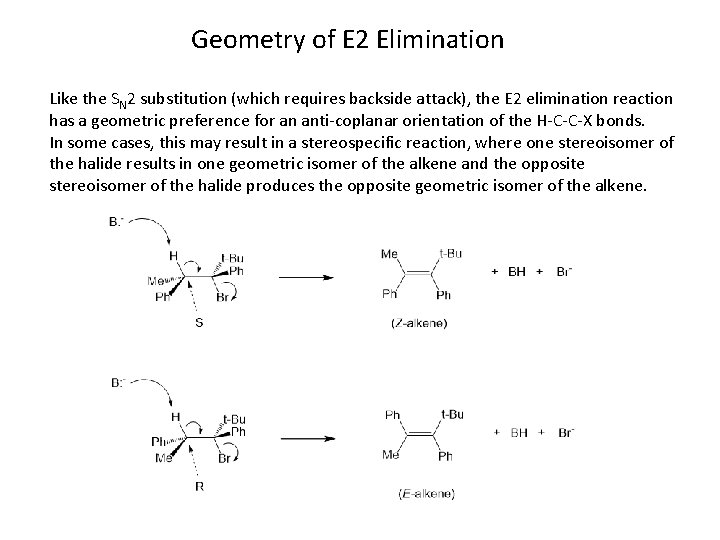 Geometry of E 2 Elimination Like the SN 2 substitution (which requires backside attack),